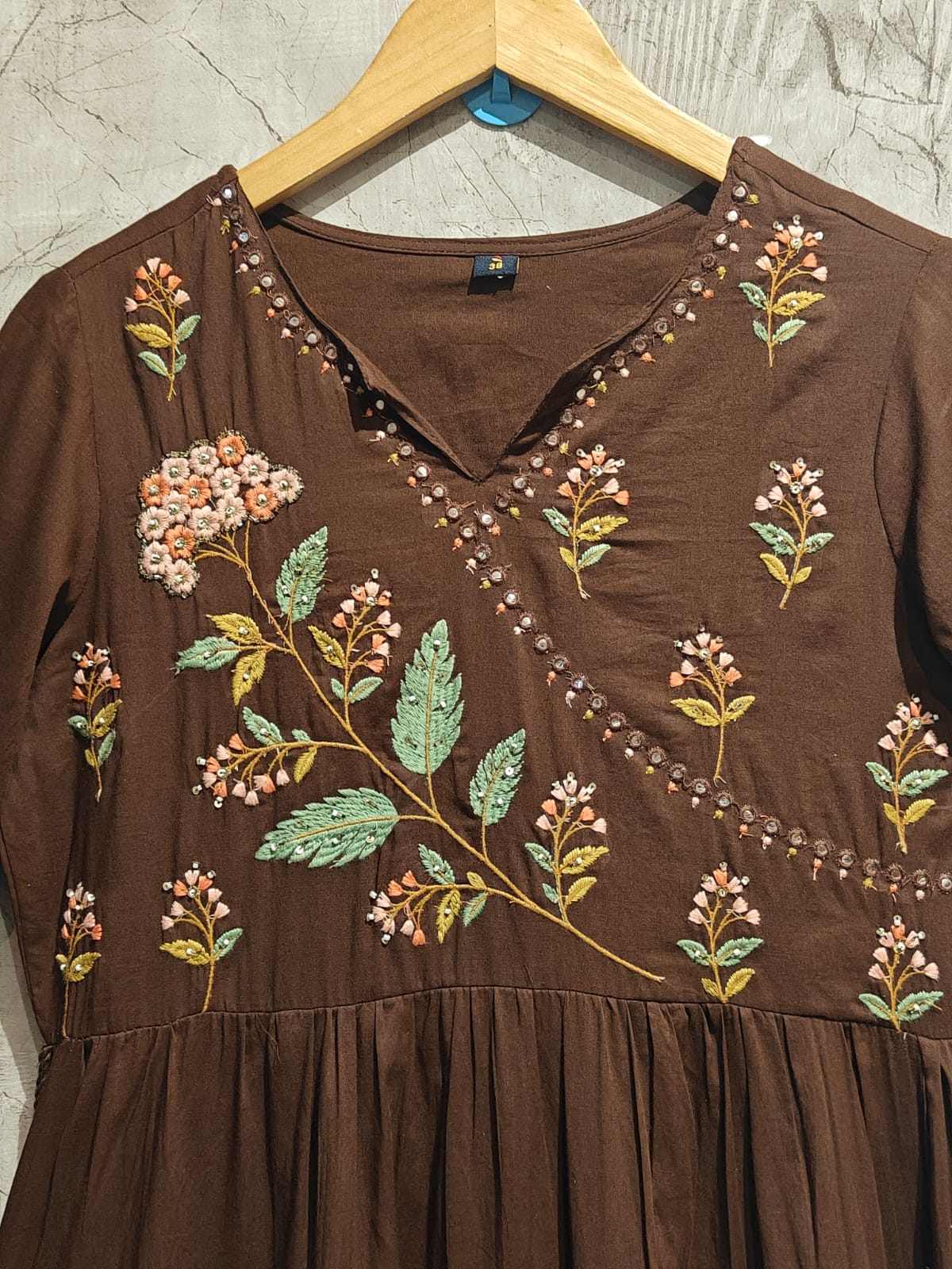 Brown Mul Cotton Hand Embroidery Anarkali Kurtha 882