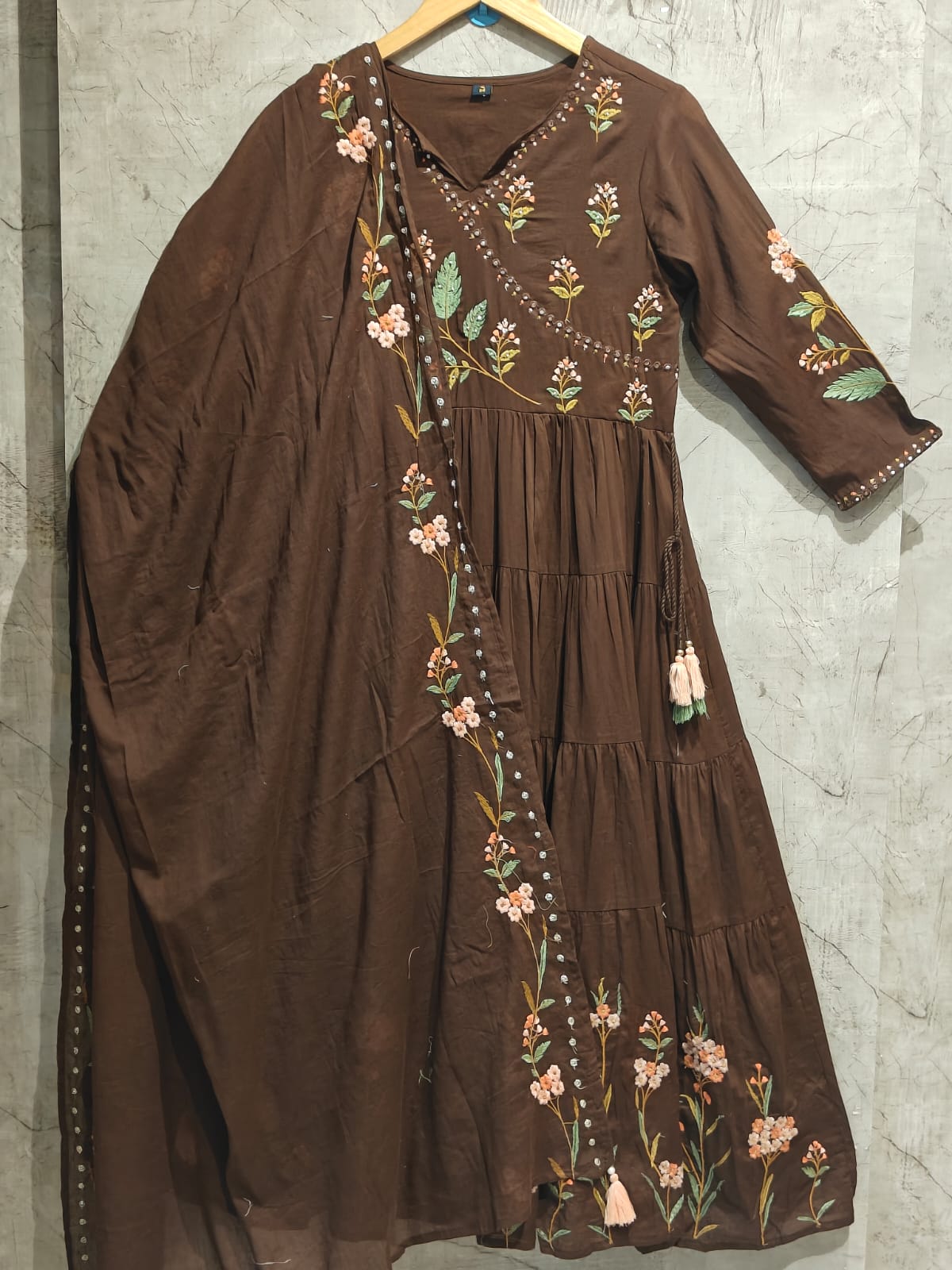 Brown Mul Cotton Hand Embroidery Anarkali Kurtha 882