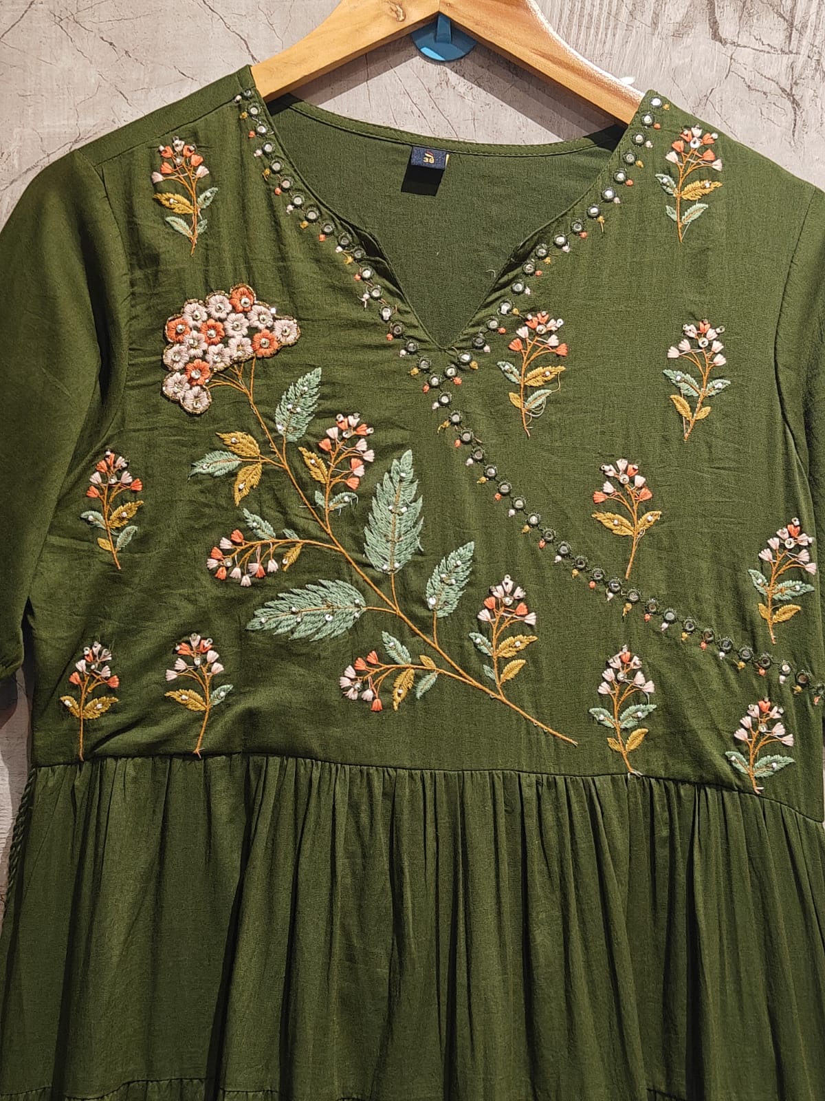 Green Mul Cotton Hand Embroidery Anarkali Kurtha 882