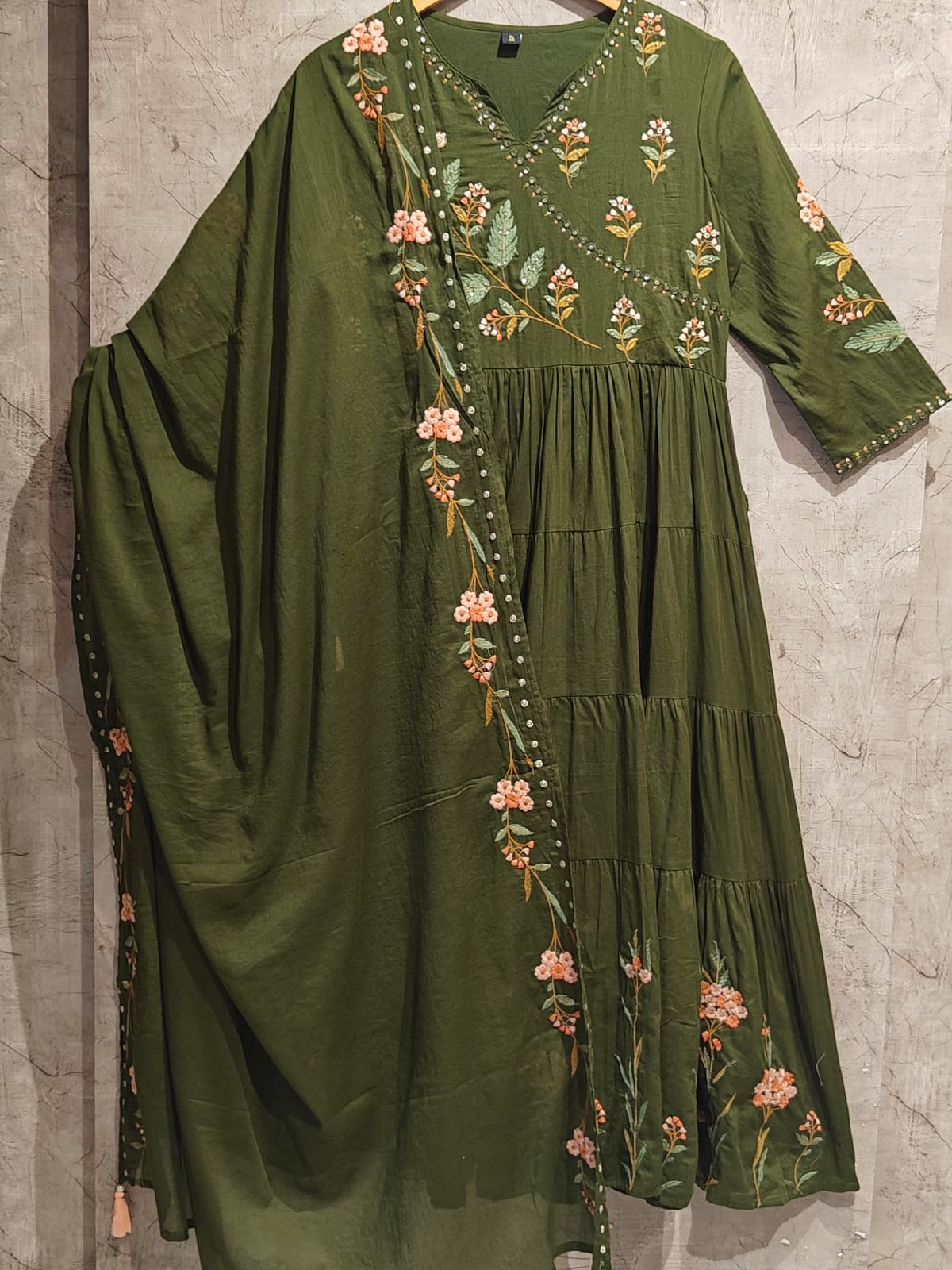 Green Mul Cotton Hand Embroidery Anarkali Kurtha 882