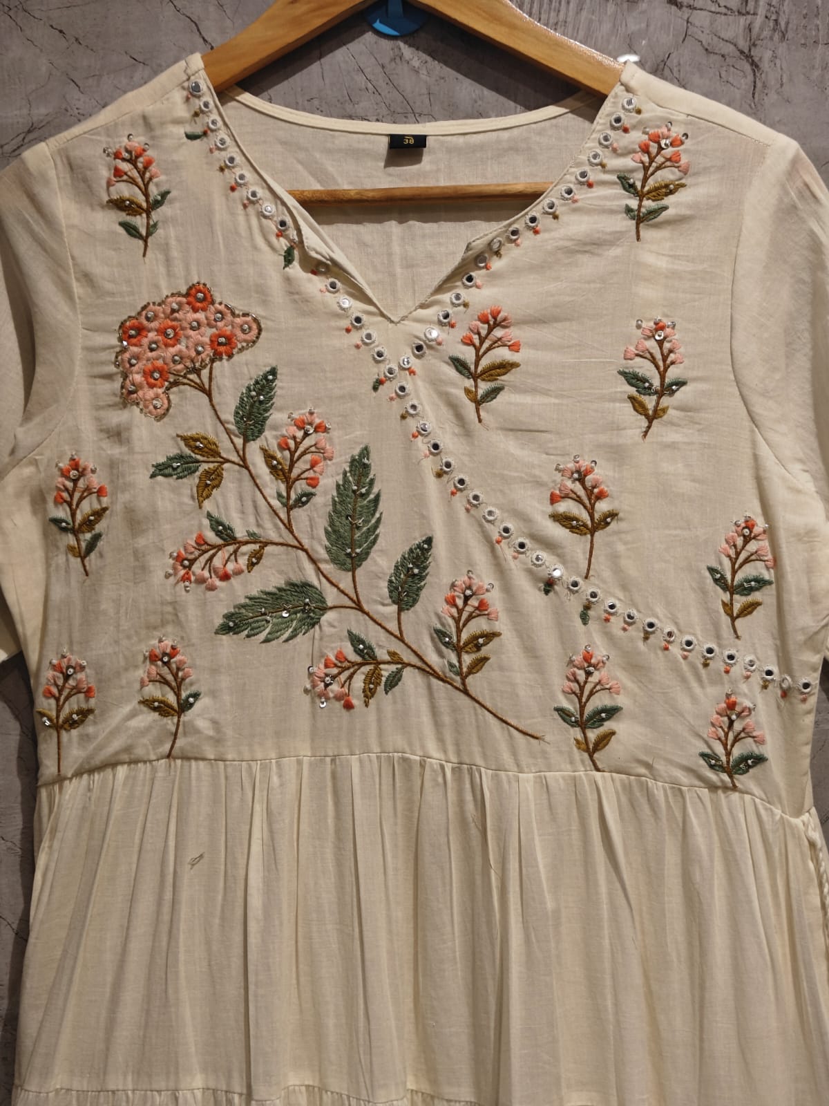 White Mul Cotton Hand Embroidery Anarkali Kurtha 882