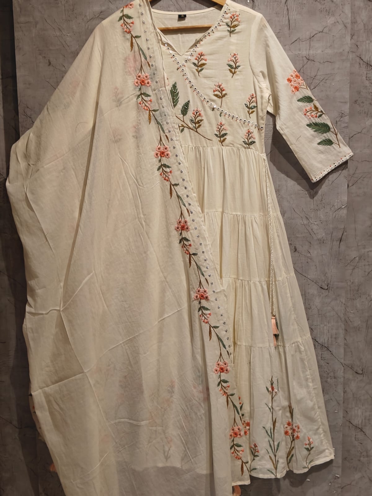 White Mul Cotton Hand Embroidery Anarkali Kurtha 882