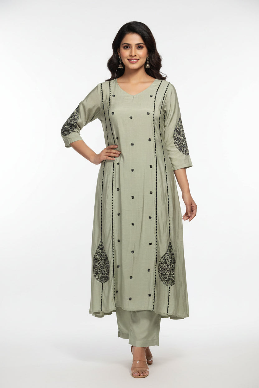 Pista Green Mul Chanderi Thread Embroidery A Line Kurtha 63