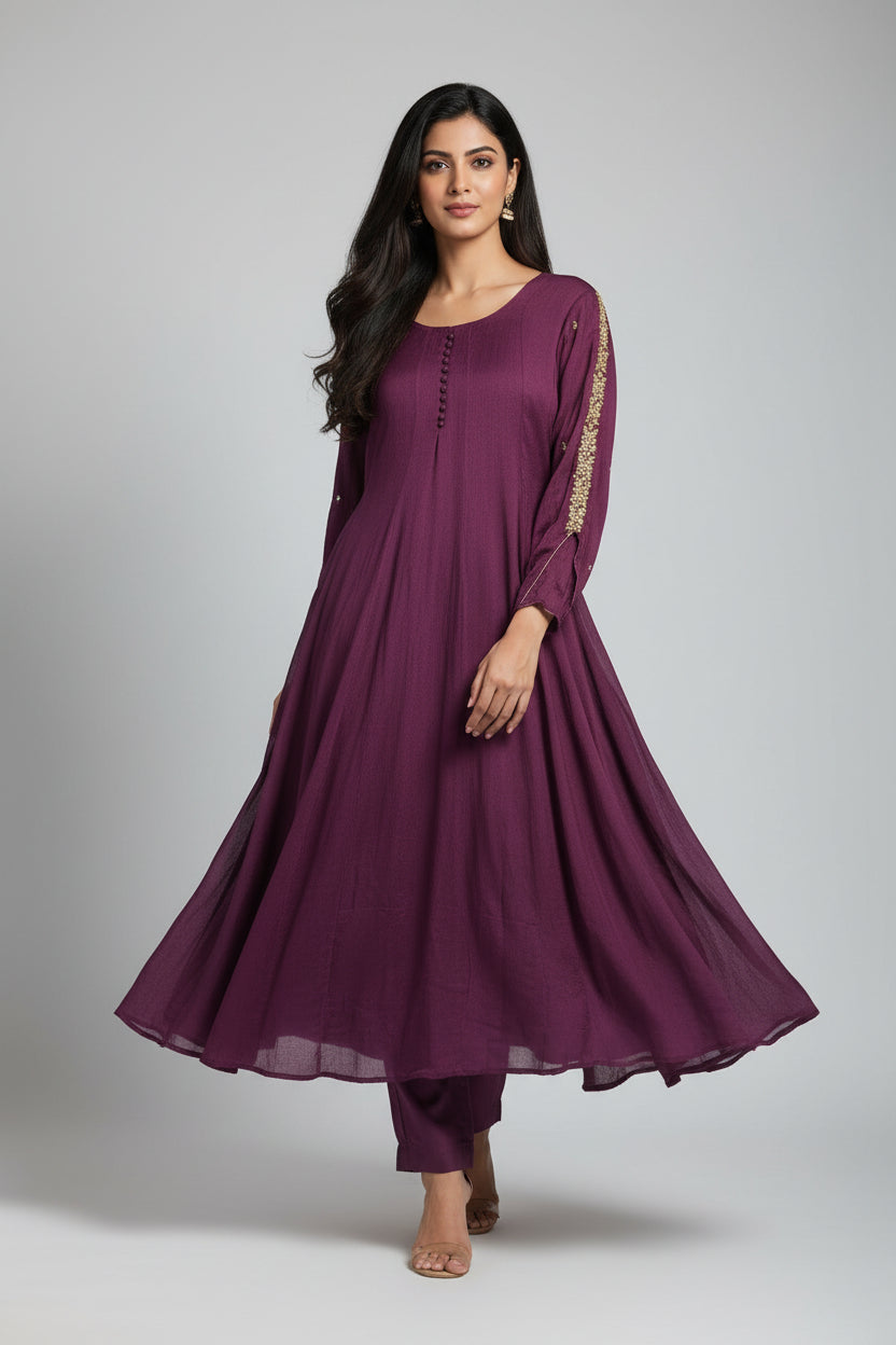Megenta Chinnon Hand Embroidery Airline Kurtha 57