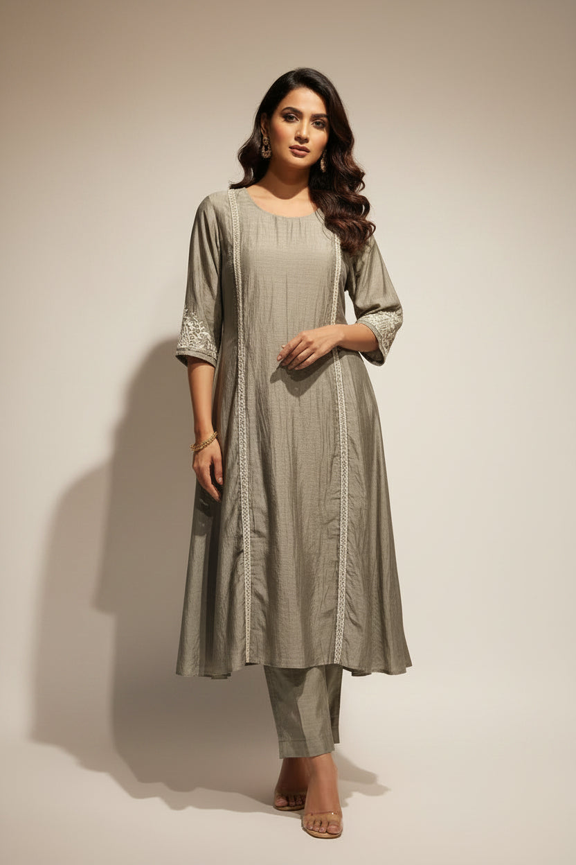 Grey Mul Chanderi Thread Embroidery A Line Kurtha 447