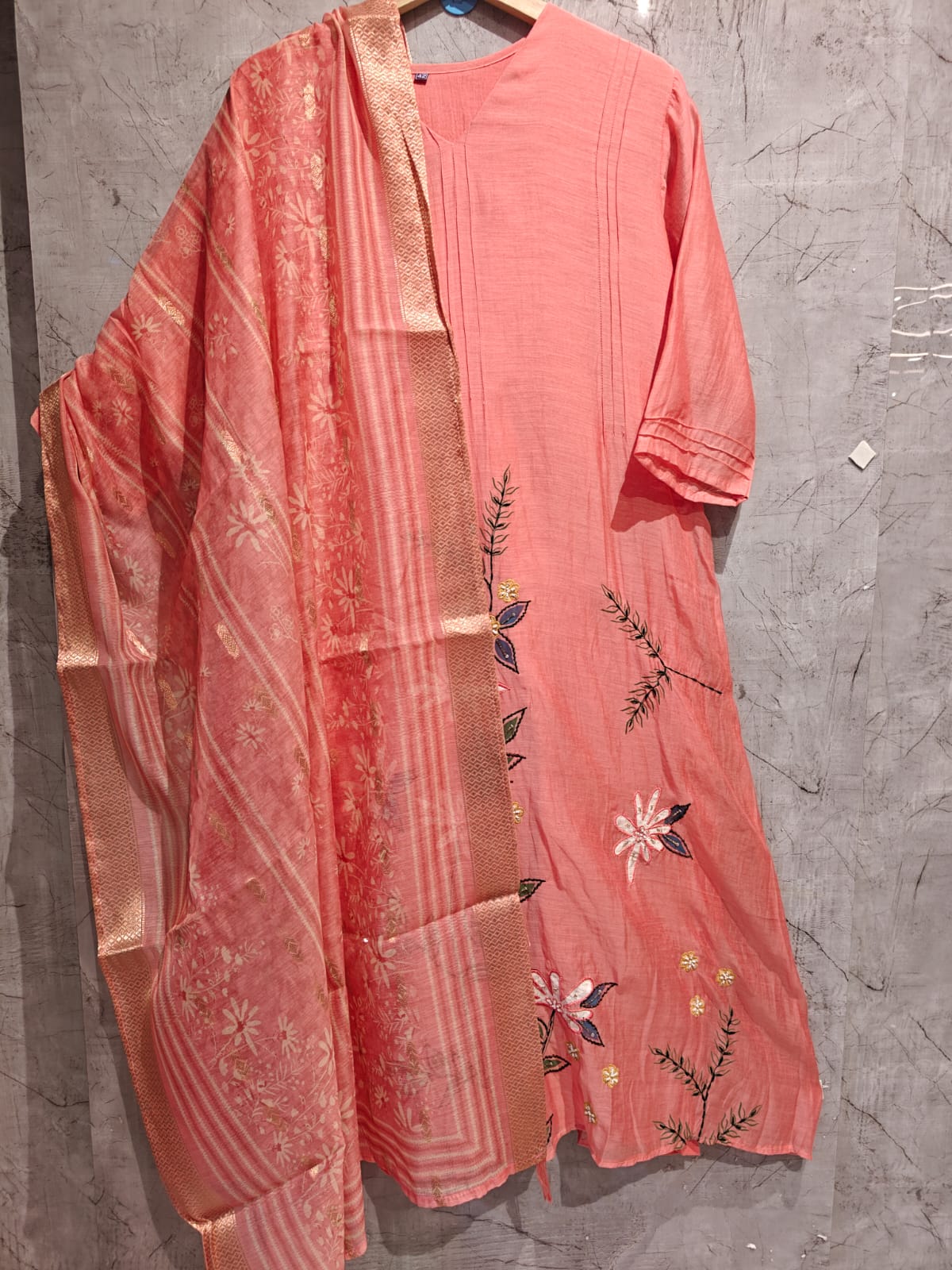 Baby pink Mul Chanderi Thread Embroidery A Line Kurtha 447