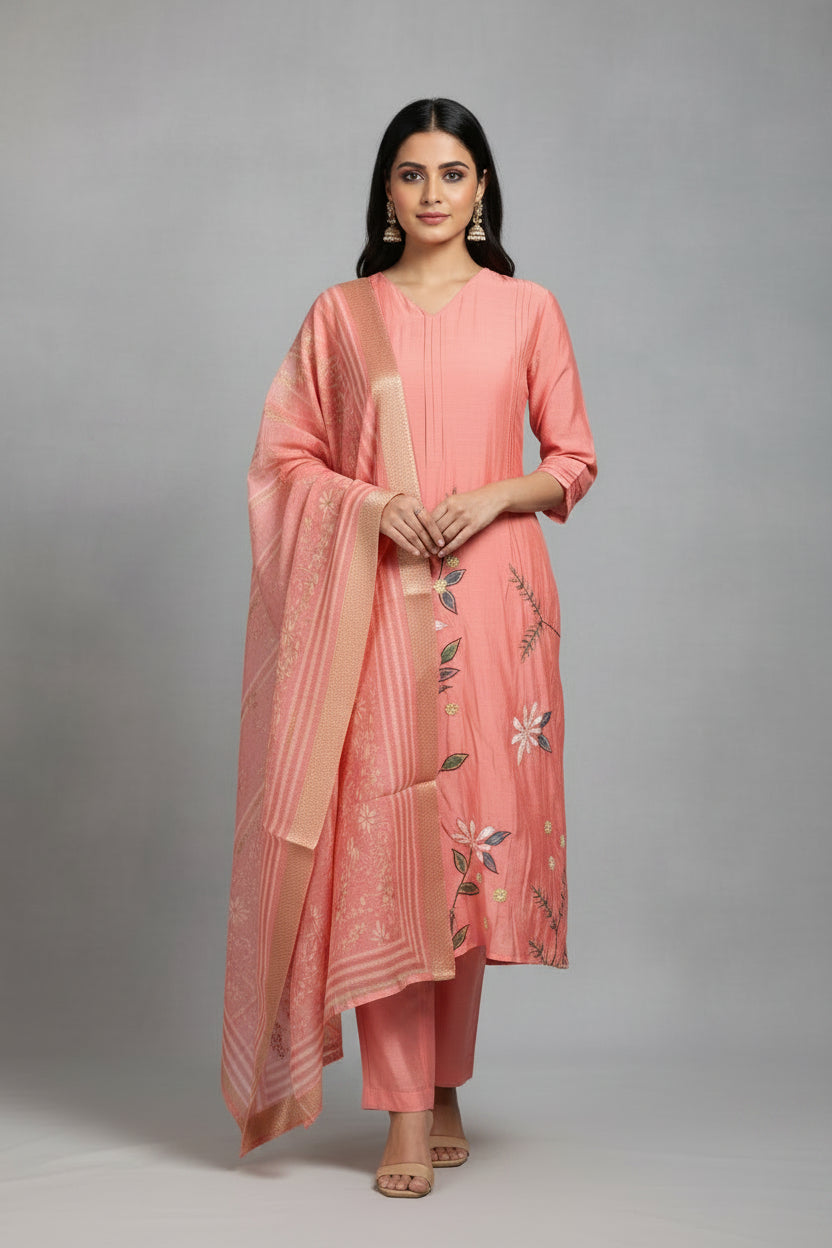 Baby pink Mul Chanderi Thread Embroidery A Line Kurtha 447