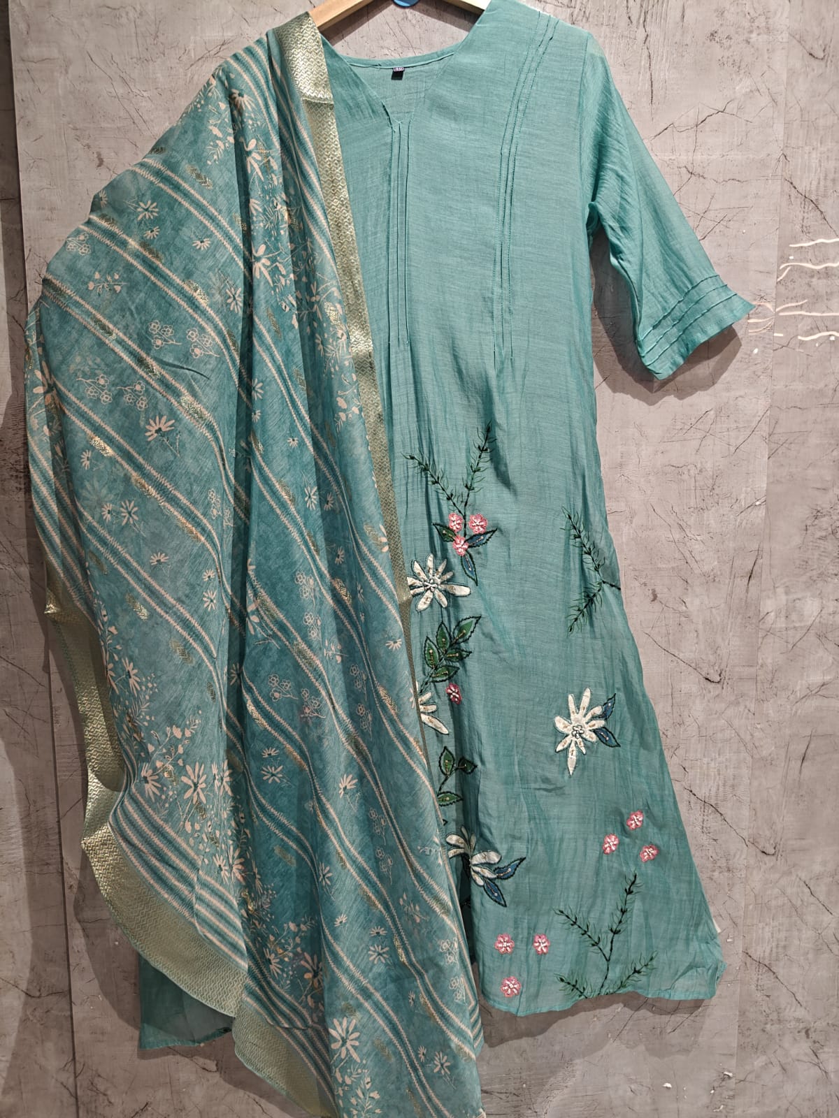 Sky blue Mul Chanderi Thread Embroidery A Line Kurtha 447