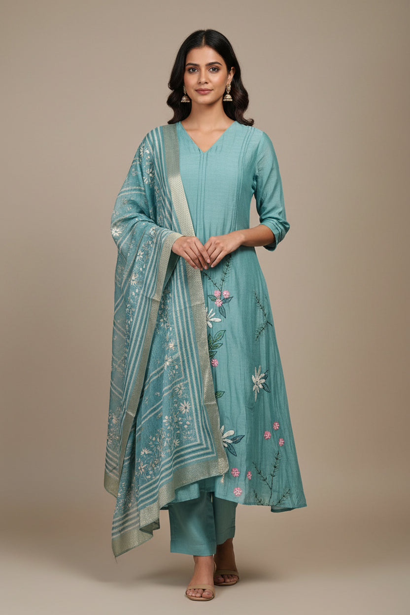 Sky blue Mul Chanderi Thread Embroidery A Line Kurtha 447