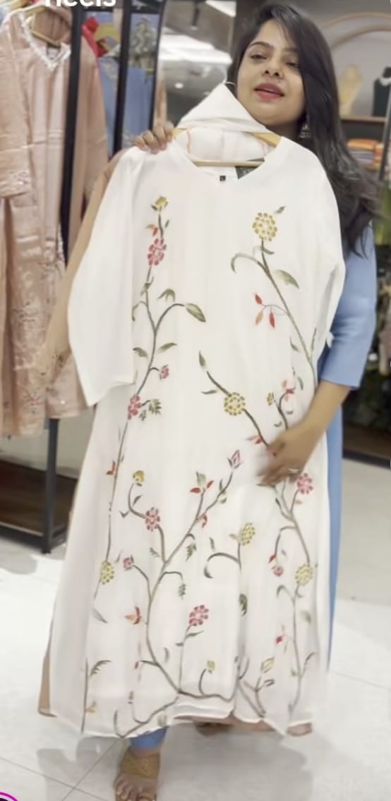 White Mul Chanderi Thread Embroidery A Line Kurtha 63