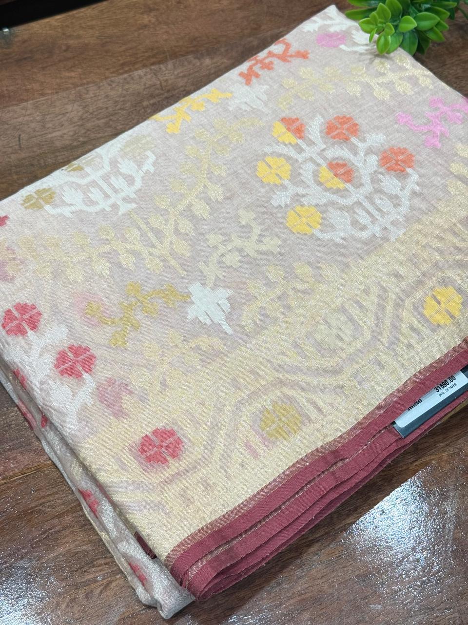 Beige Handloom Jamdani Pure Banarasi Cotton Saree (Swara)