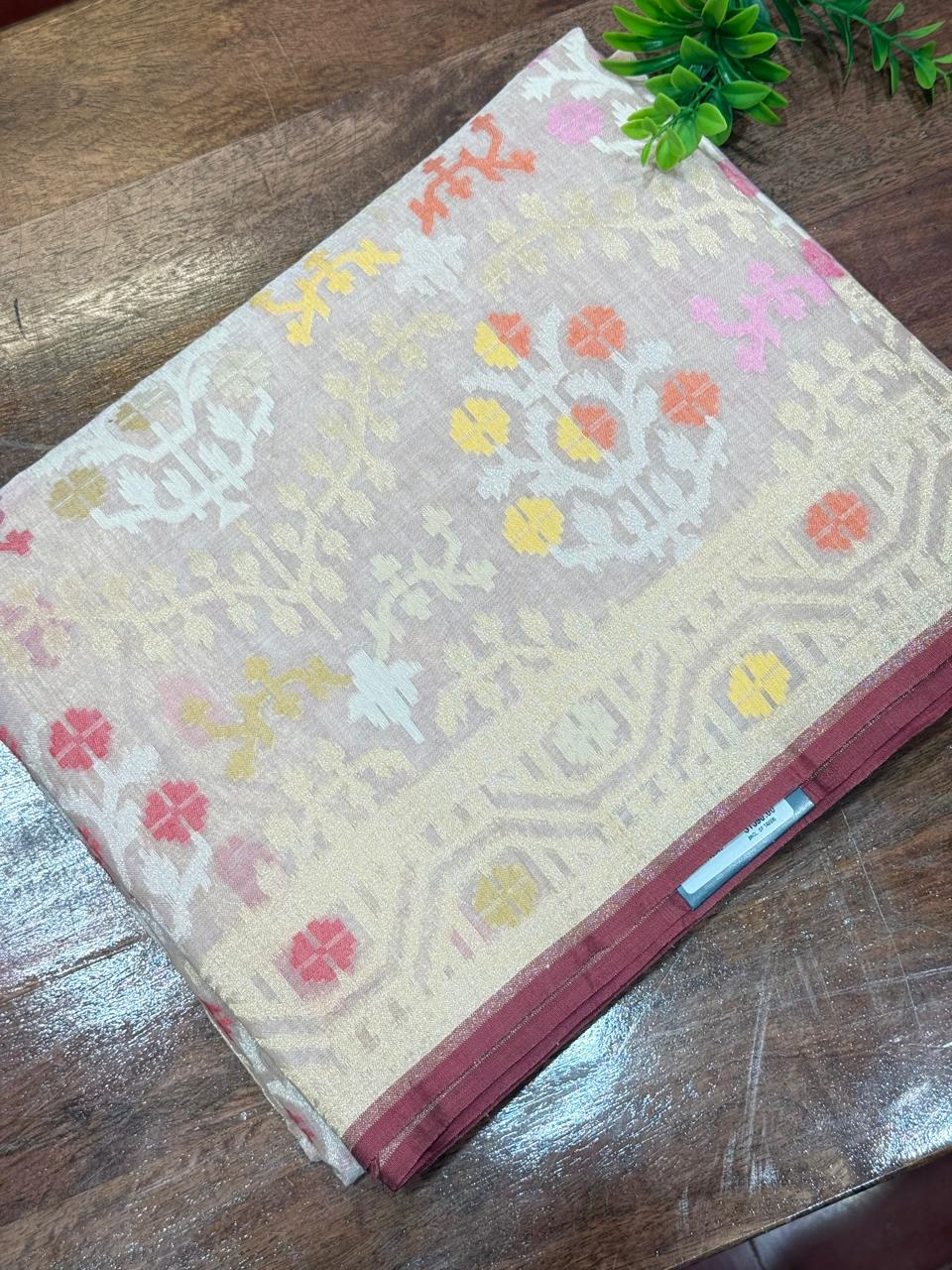 Beige Handloom Jamdani Pure Banarasi Cotton Saree (Swara)