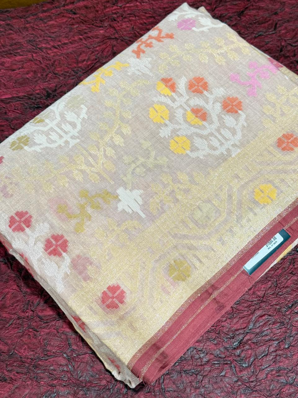 Beige Handloom Jamdani Pure Banarasi Cotton Saree (Swara)