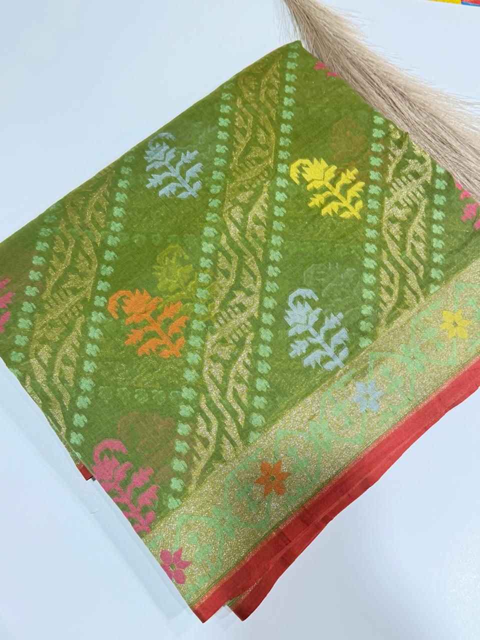 Olive Green Handloom Jamdani Pure Banarasi Cotton Saree (Swara)