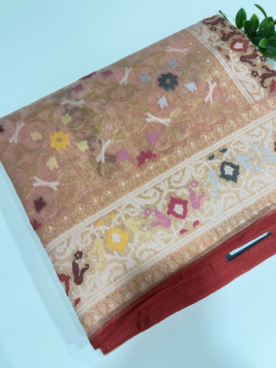 Peach Handloom Jamdani Pure Banarasi Cotton Saree (Swara)