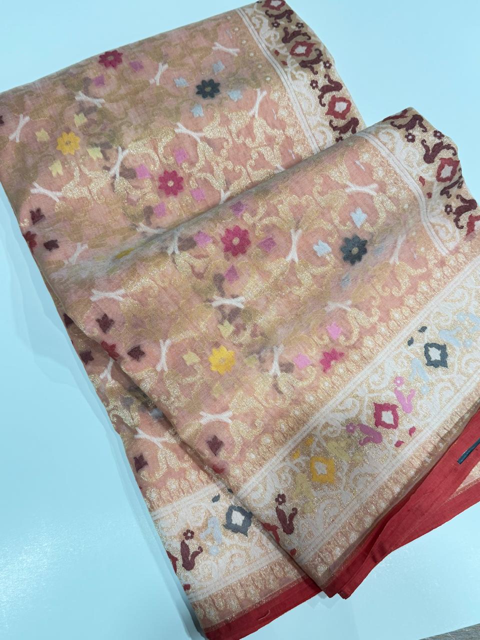 Peach Handloom Jamdani Pure Banarasi Cotton Saree (Swara)