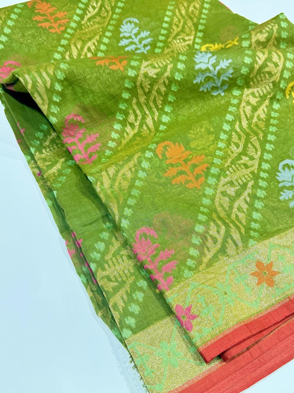 Olive Green Handloom Jamdani Pure Banarasi Cotton Saree (Swara)