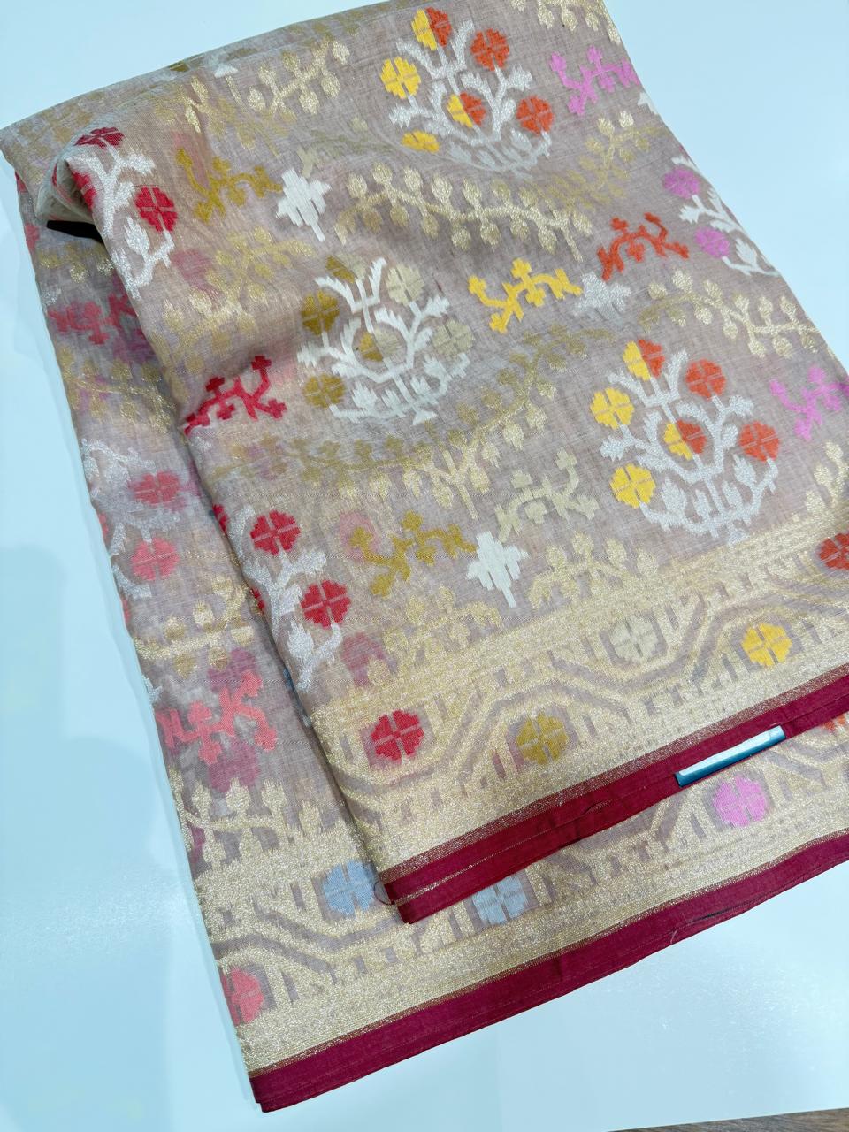 Beige Handloom Jamdani Pure Banarasi Cotton Saree (Swara)