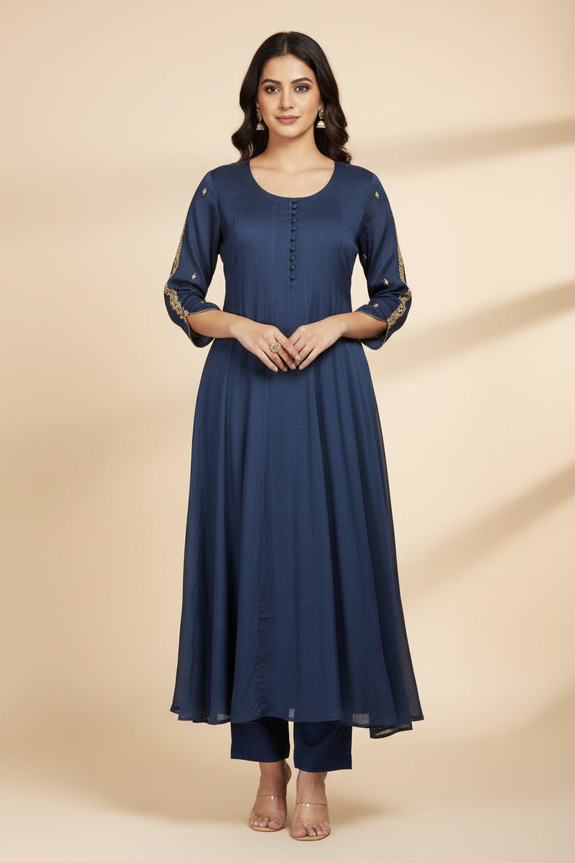 Nevy Blue  Chinnon Hand Embroidery Airline Kurtha 404