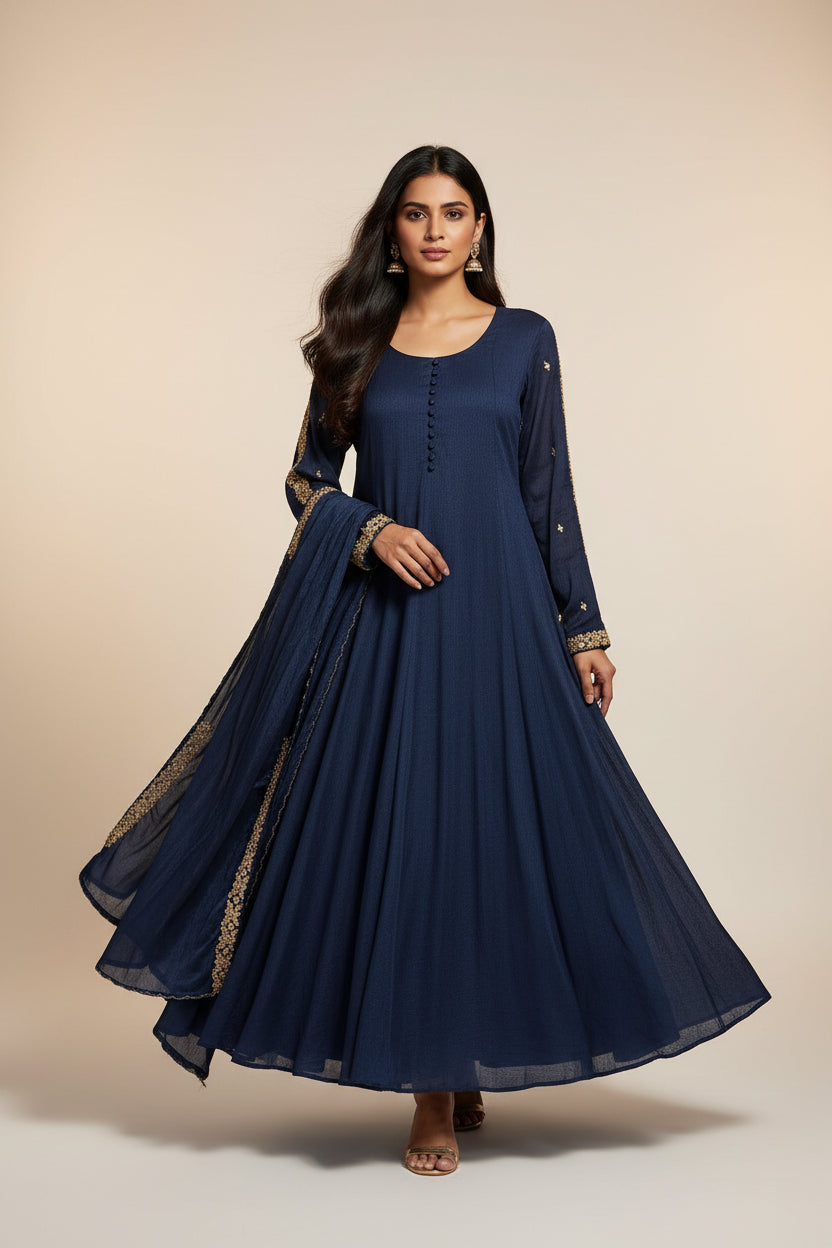 Navy Blue  Chinnon Hand Embroidery Airline Kurtha 404