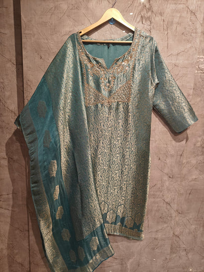 Steal Blue Banarasi Tissue Silk Straight Kurtha 112