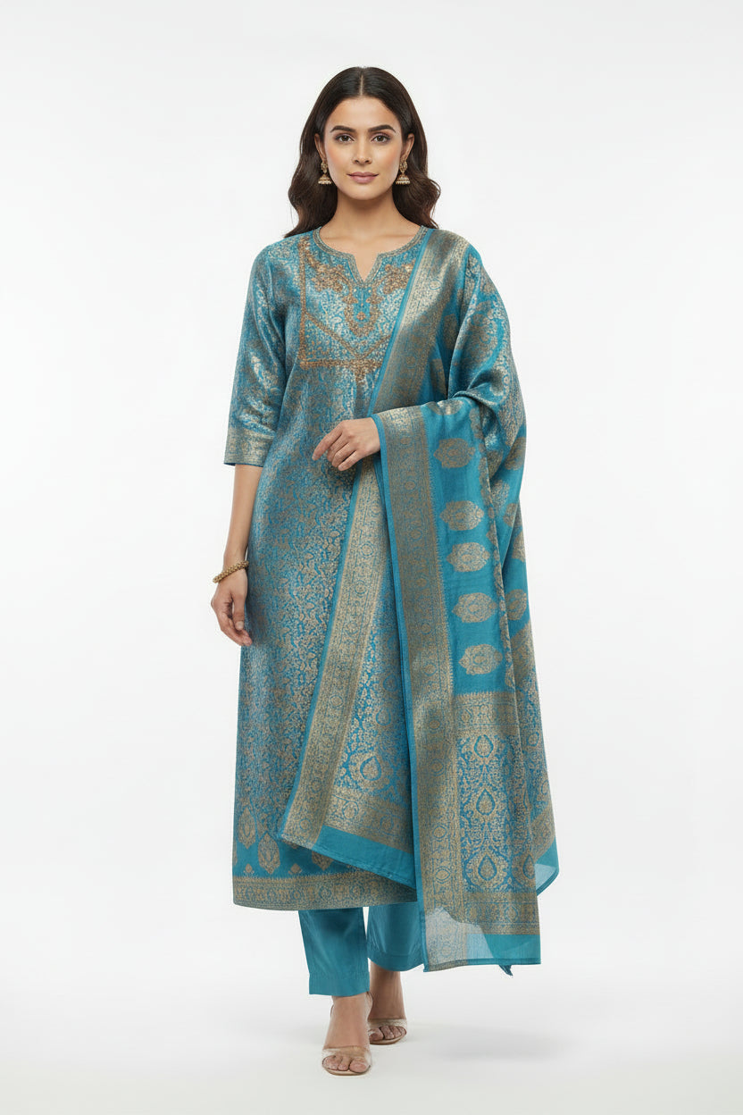 Steal Blue Banarasi Tissue Silk Straight Kurtha 112
