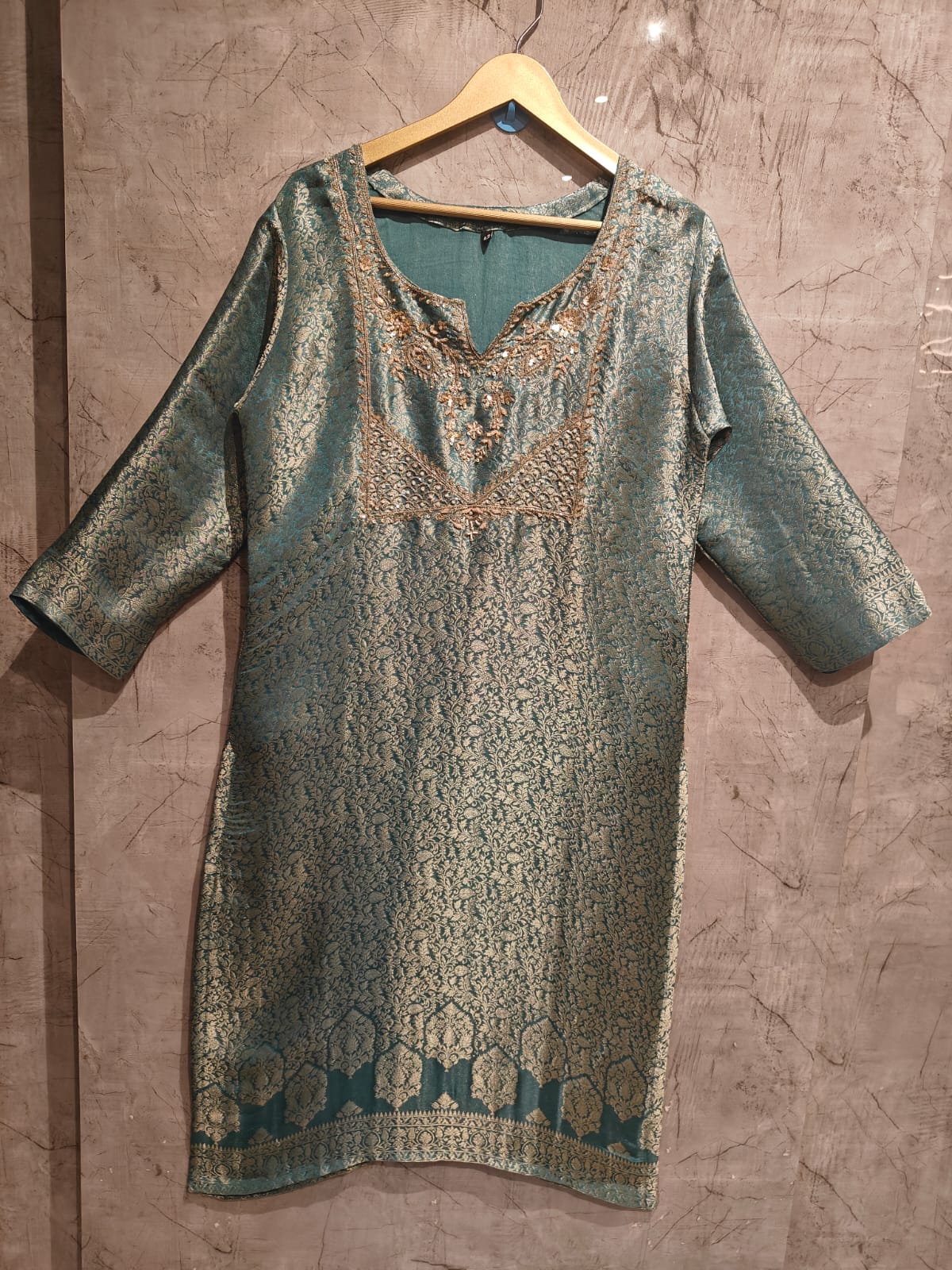 Steal Blue Banarasi Tissue Silk Straight Kurtha 112