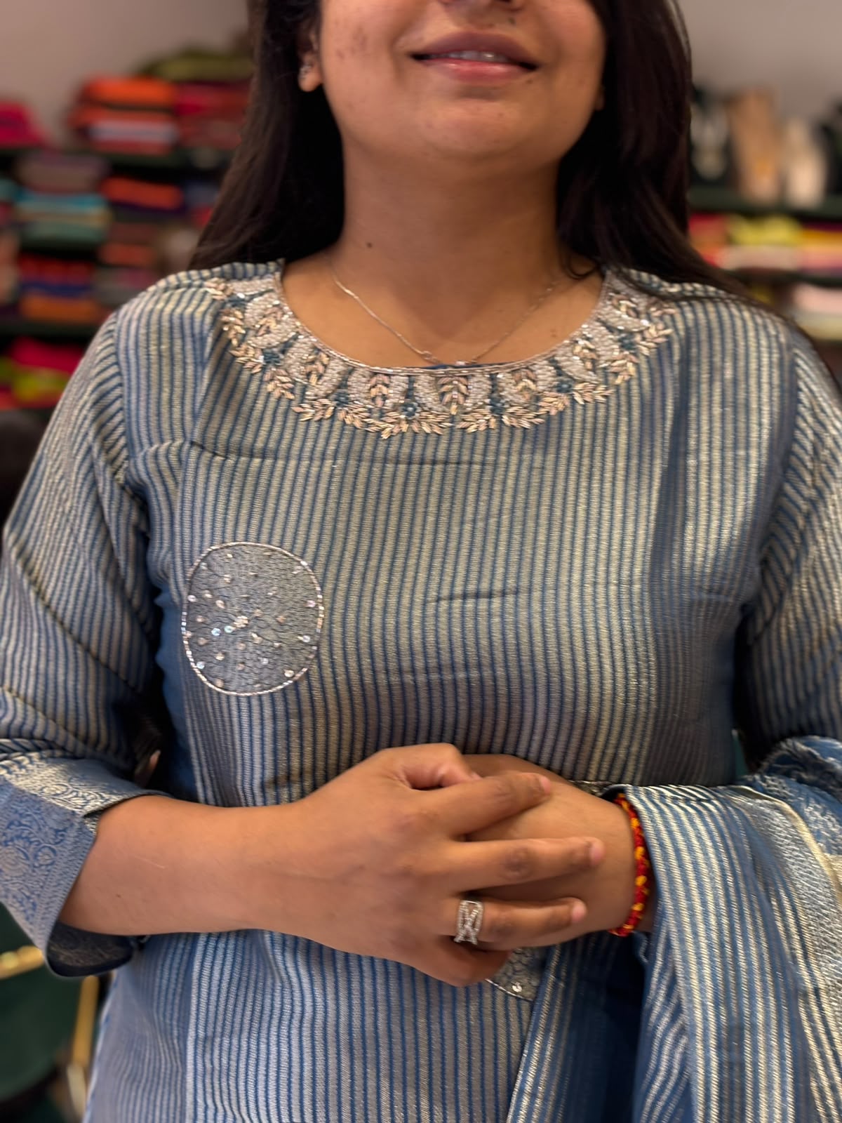 Blue Banarasi Tissue Silk Straight Kurtha 112