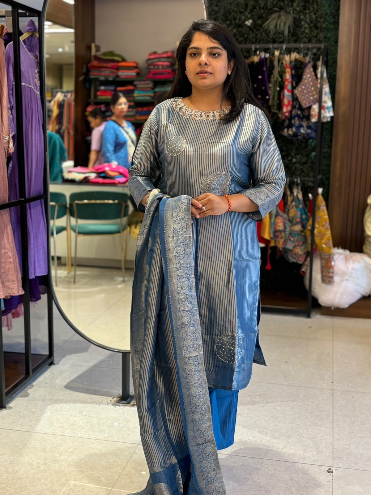 Blue Banarasi Tissue Silk Straight Kurtha 112