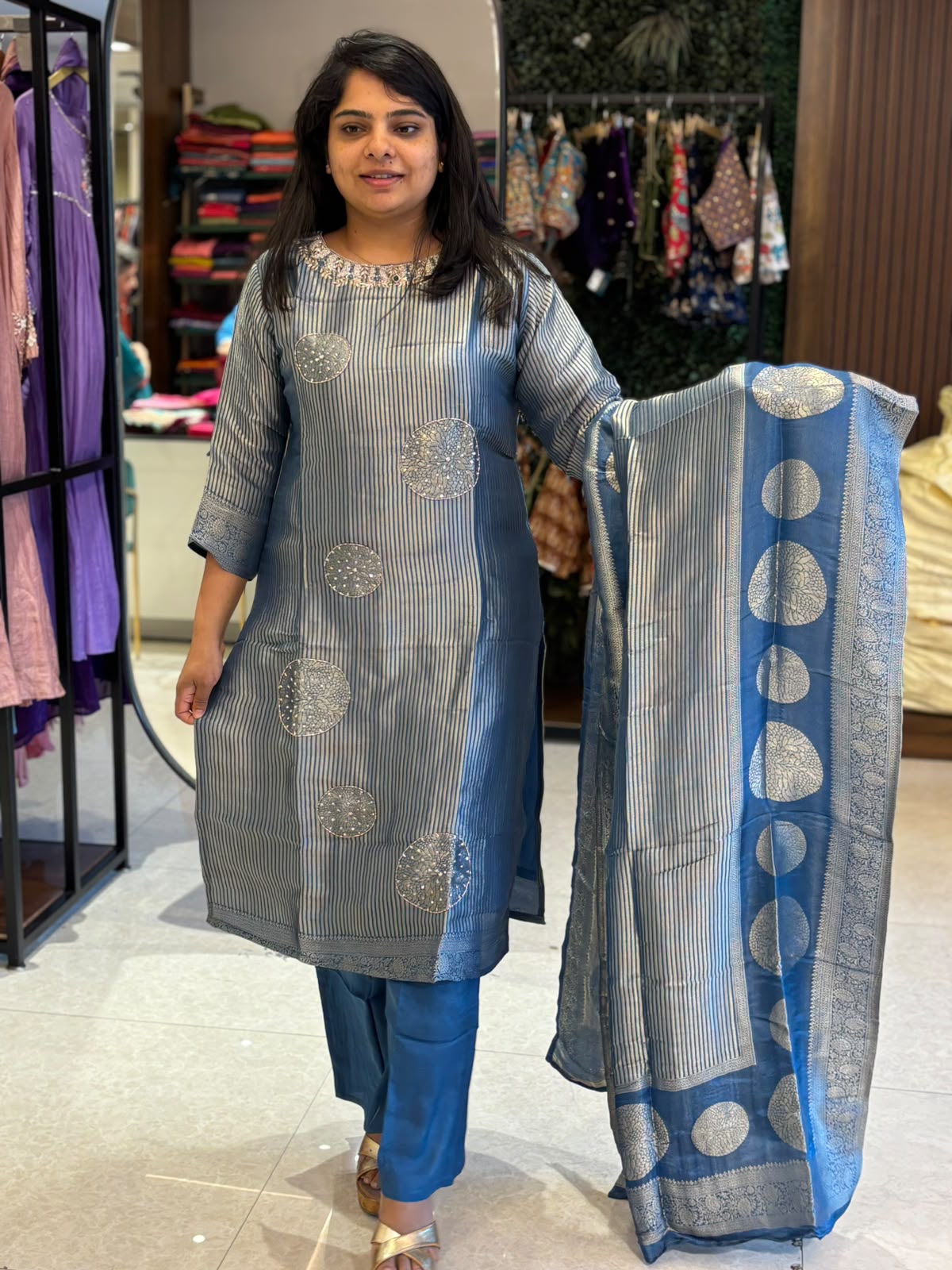 Blue Banarasi Tissue Silk Straight Kurtha 112