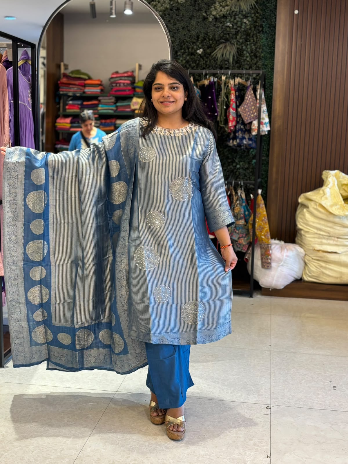 Blue Banarasi Tissue Silk Straight Kurtha 112