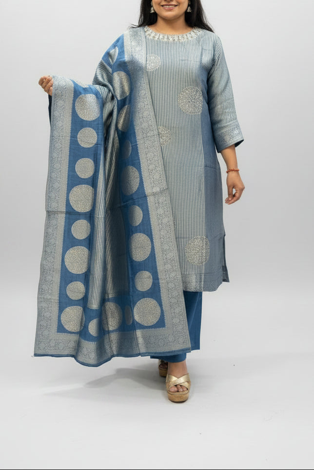 Blue Banarasi Tissue Silk Straight Kurtha 112