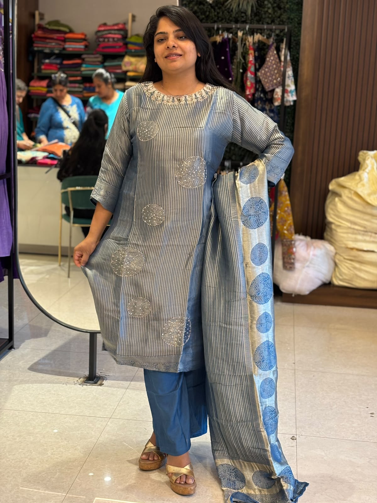 Blue Banarasi Tissue Silk Straight Kurtha 112