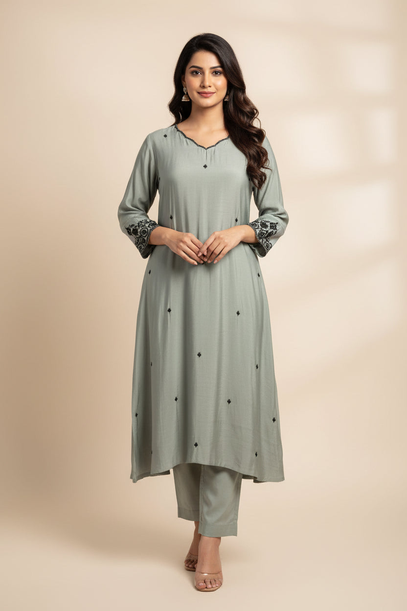 Cement Green Mul Chanderi Thread Embroidery A Line Kurtha 63