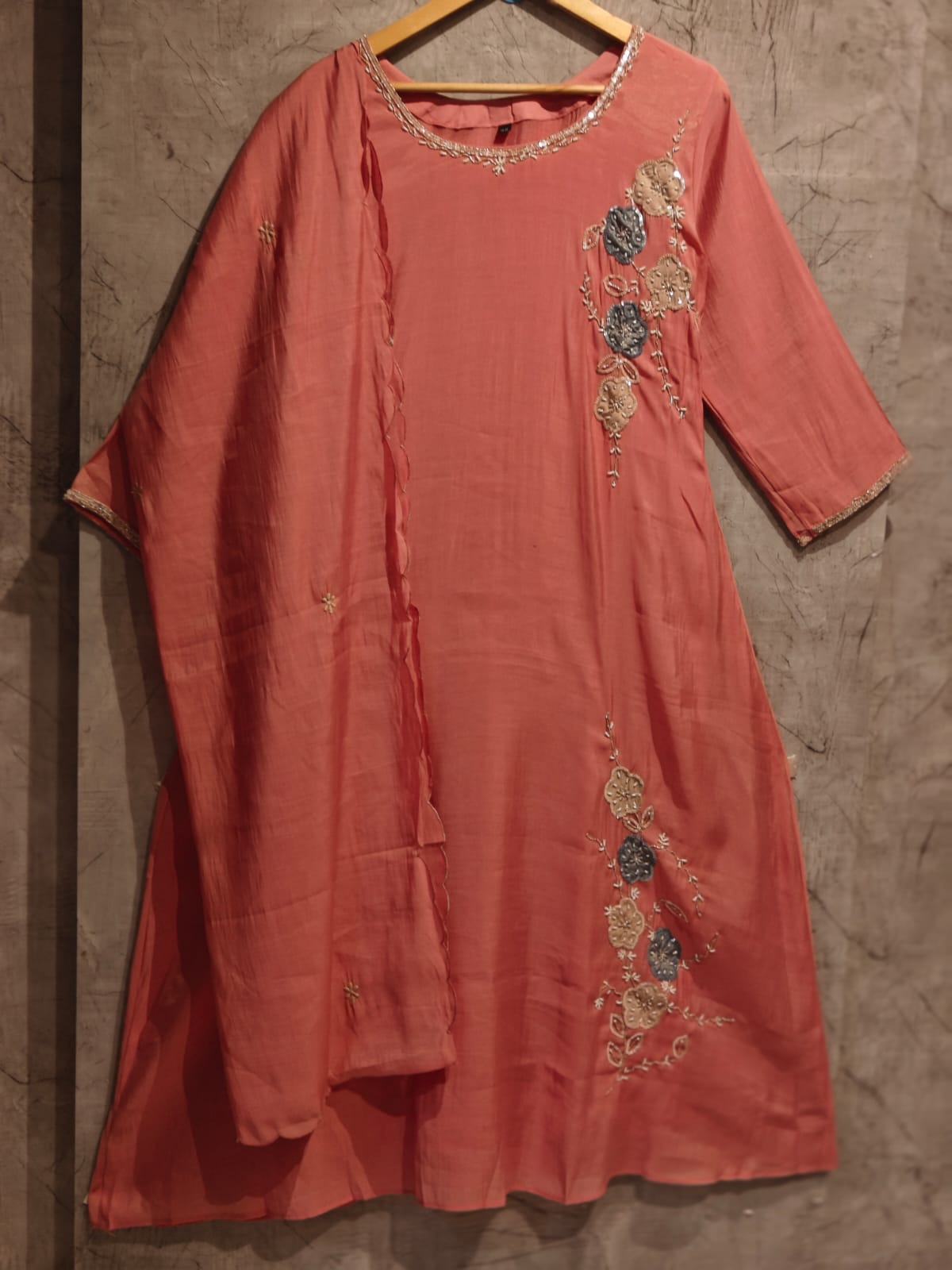Peachish Pink Mul Chanderi Thread Embroidery A Line Kurtha 447