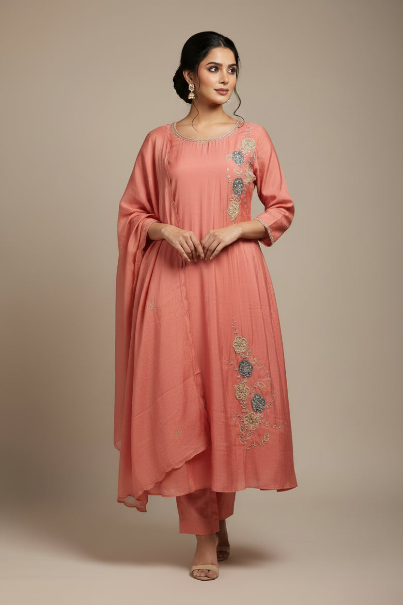 Peachish Pink Mul Chanderi Thread Embroidery A Line Kurtha 447