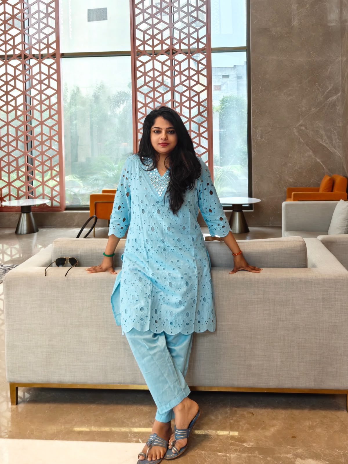 Sky Blue Cotton Hakoba Cord Set Kurtha 487
