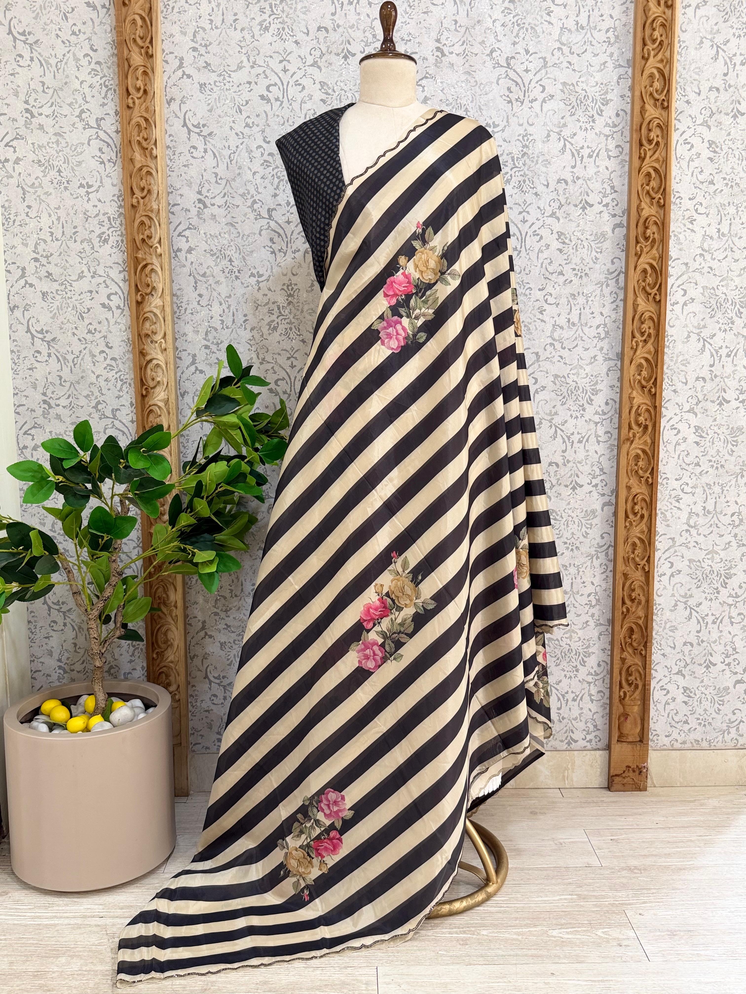 Cream n Black Digital Print Satin Party Wear Saree 107