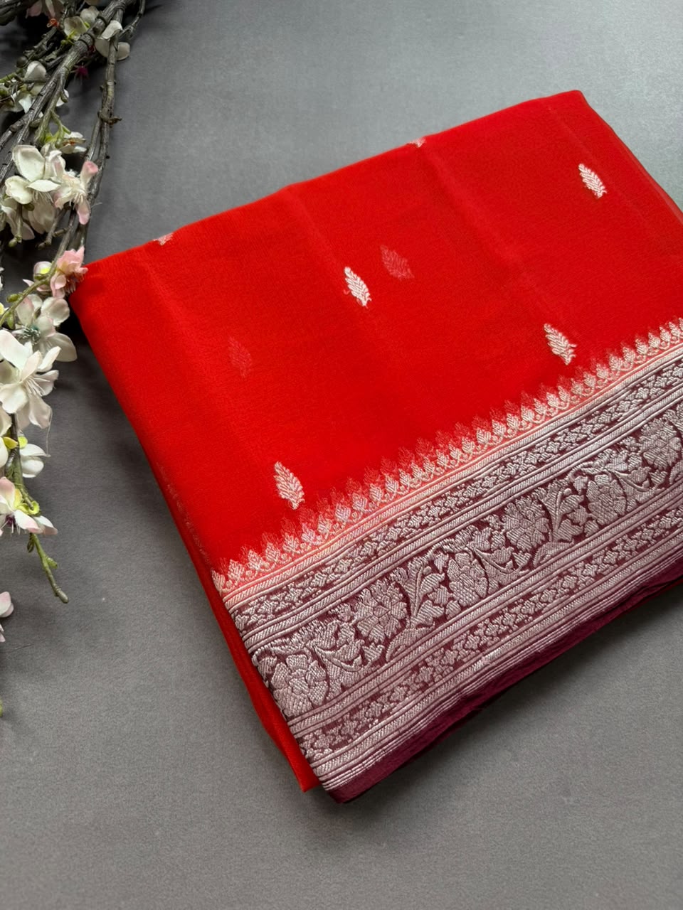 Red Small Butta Pure Chiffon Saree 107