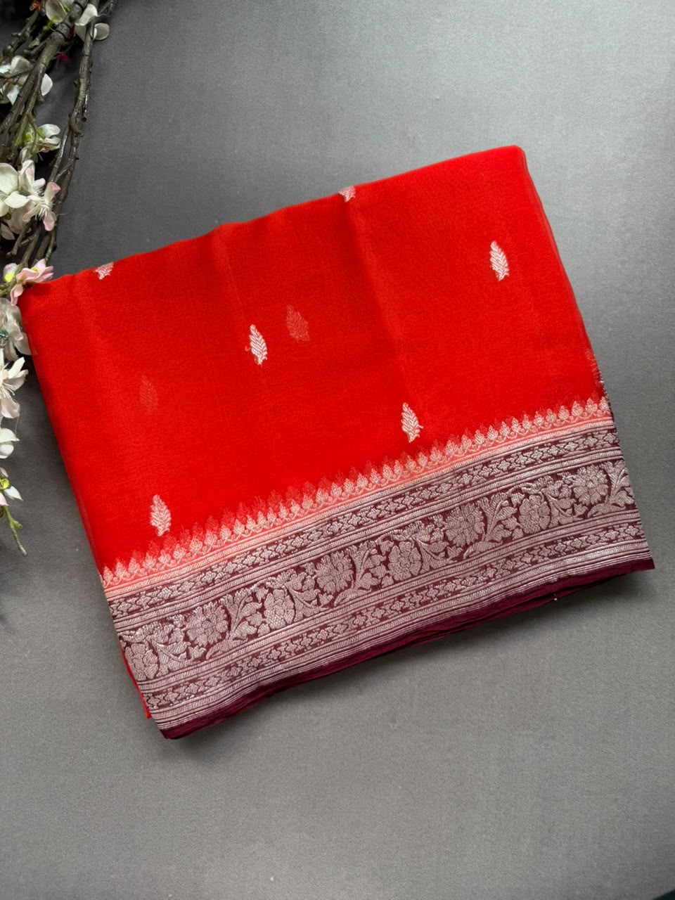 Red Small Butta Pure Chiffon Saree 107
