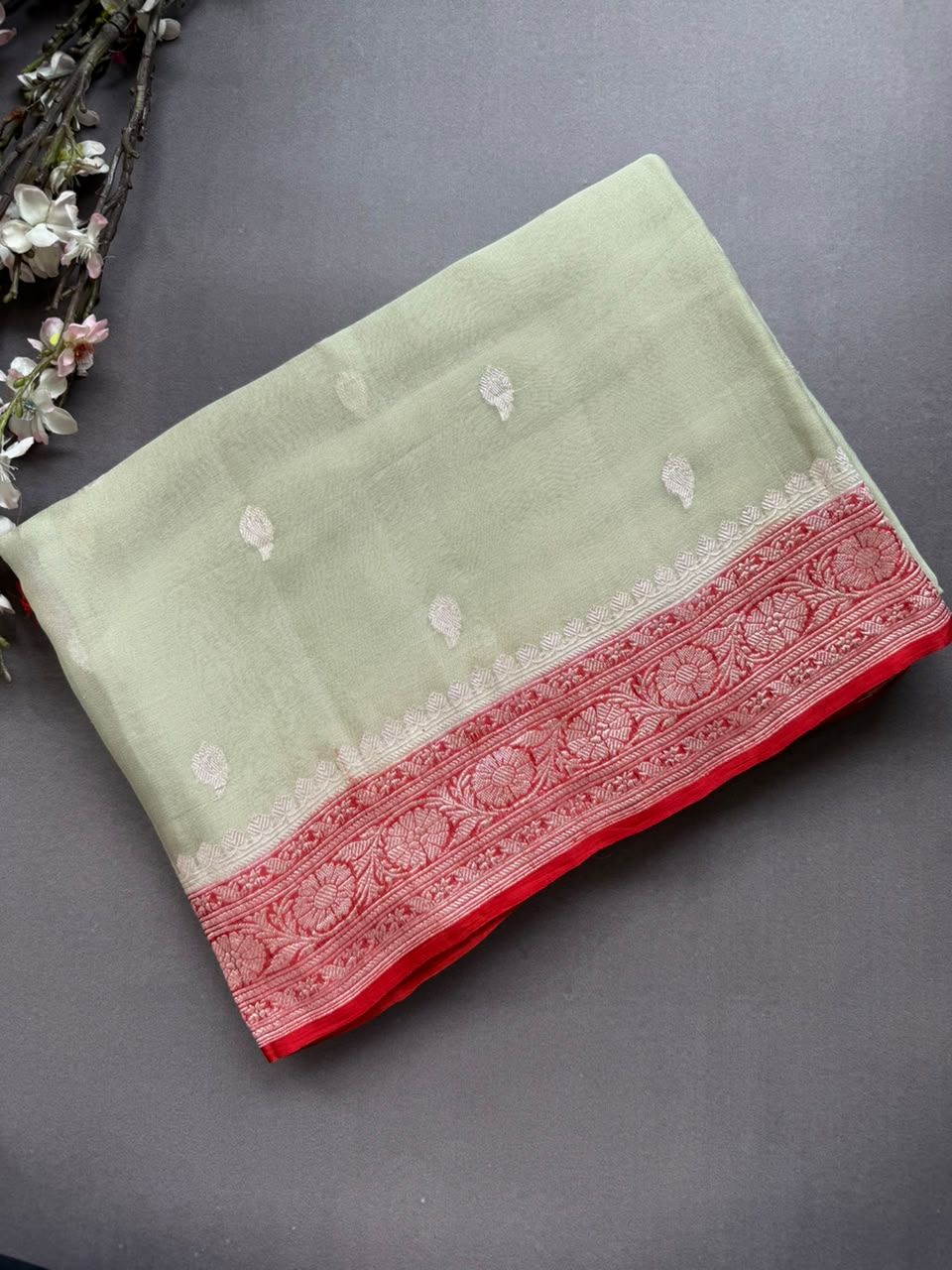Pastel Green Small Butta Pure Chiffon Saree 107