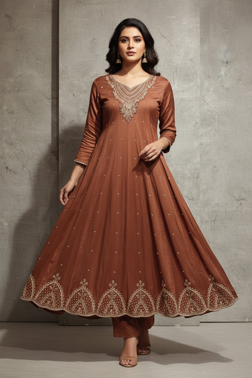 Brown  Anarkali Chinnon Handwork Partyware Kurtha 789