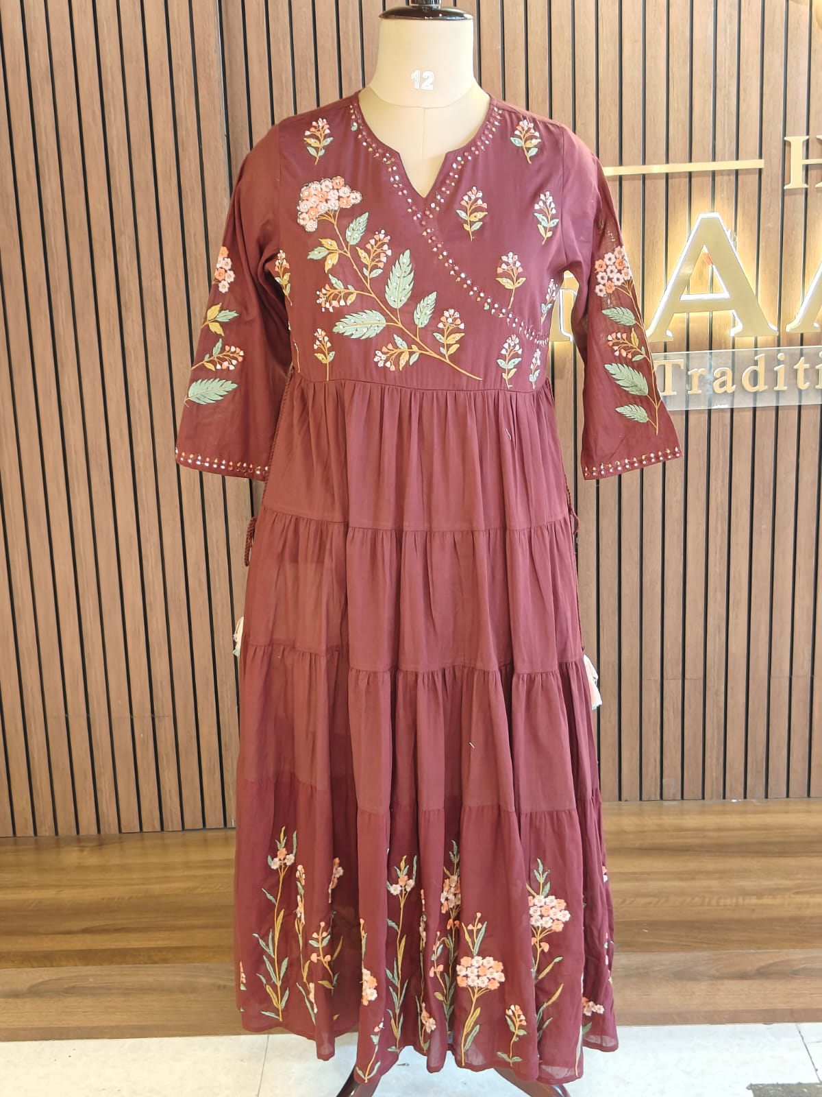 Maroon Mul Cotton Hand Embroidery Anarkali Kurtha 882