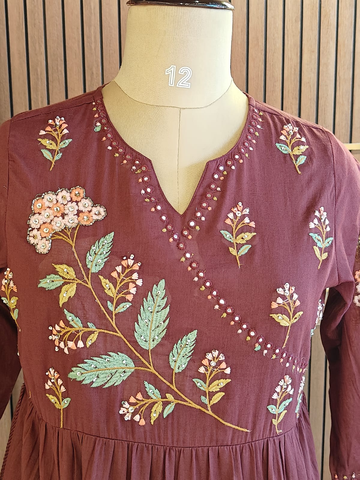 Maroon Mul Cotton Hand Embroidery Anarkali Kurtha 882