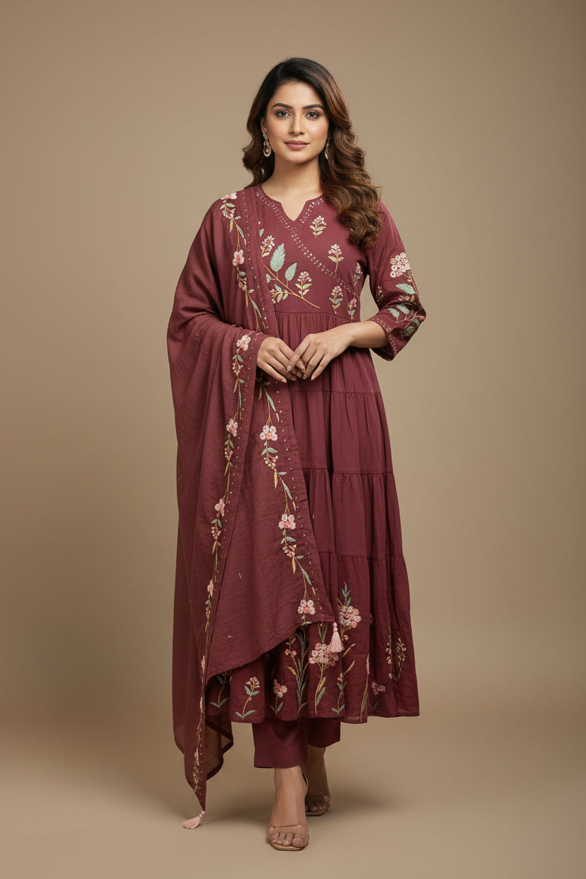 Maroon Mul Cotton Hand Embroidery Anarkali Kurtha 882