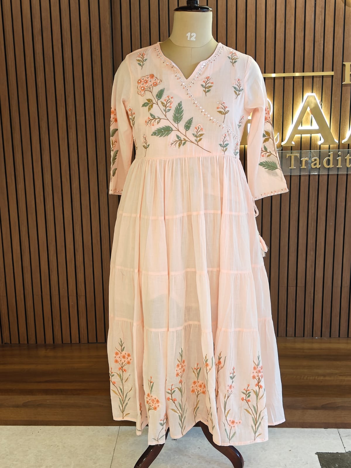 Baby Pink Mul Cotton Hand Embroidery Anarkali Kurtha 882