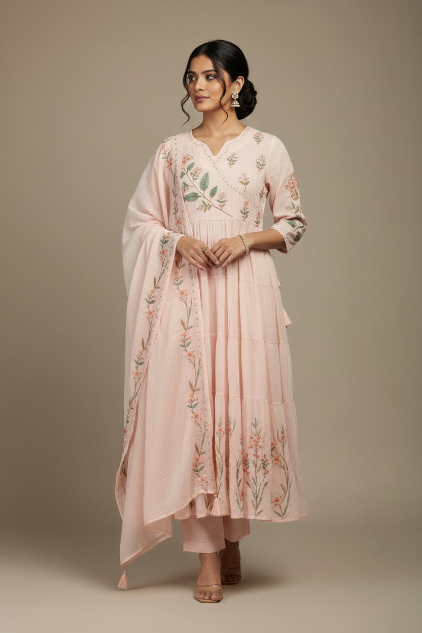Baby Pink Mul Cotton Hand Embroidery Anarkali Kurtha 882