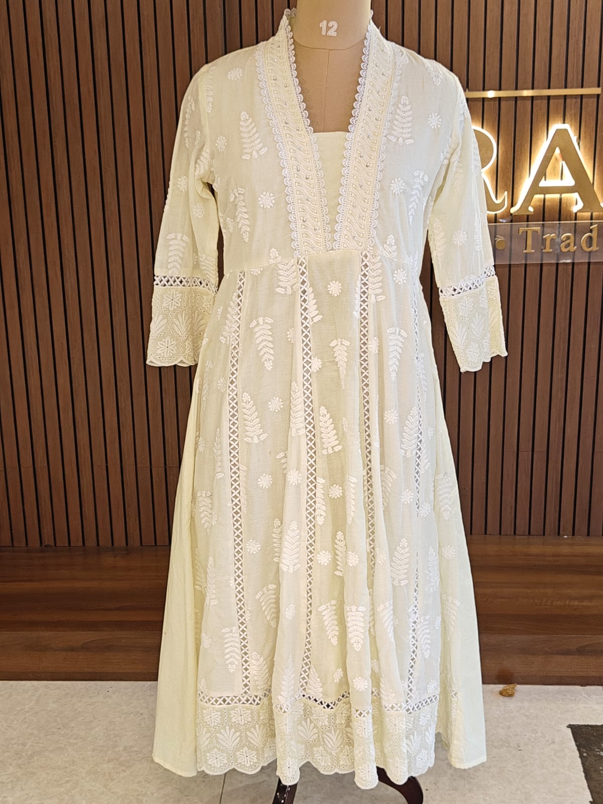 Lemon Yellow Cotton designer Hakoba chicken curry work Anarkali Kurtha 459