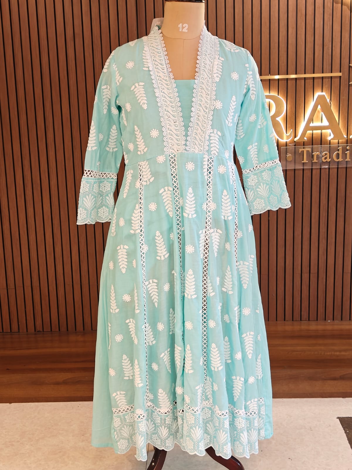 Sky Blue Cotton designer Hakoba chicken curry work Anarkali Kurtha 459