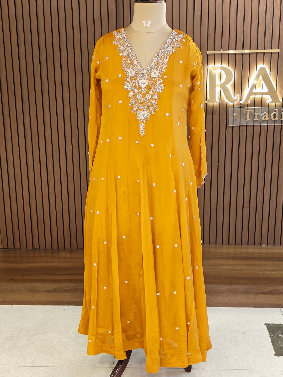 Musturd Yellow Anarkali Chinnon Handwork Partyware Kurtha 567